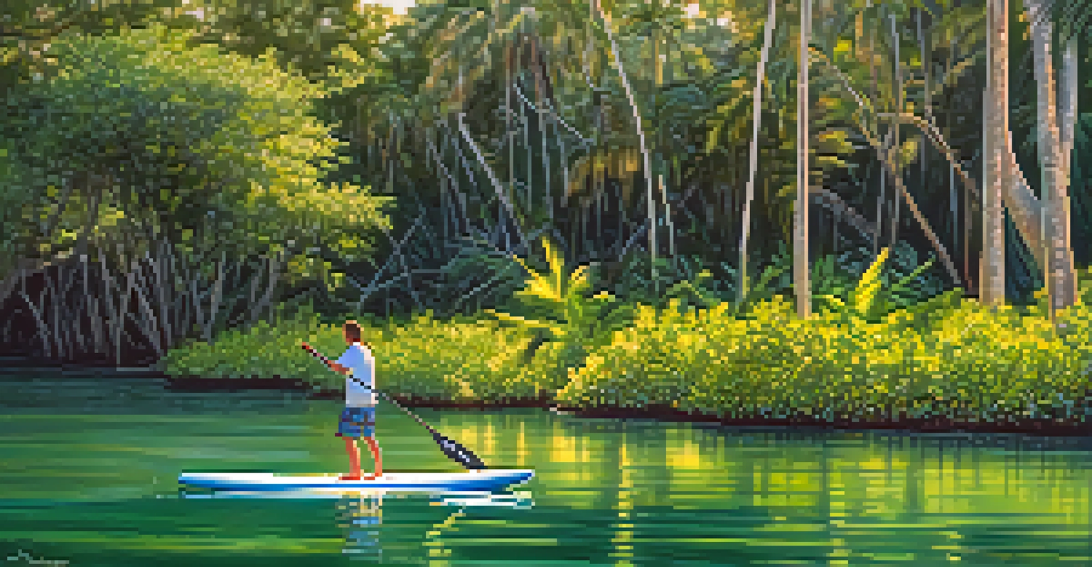 Paddleboarders enjoying a peaceful morning on a river in Tampa, with dolphins nearby and lush greenery around.