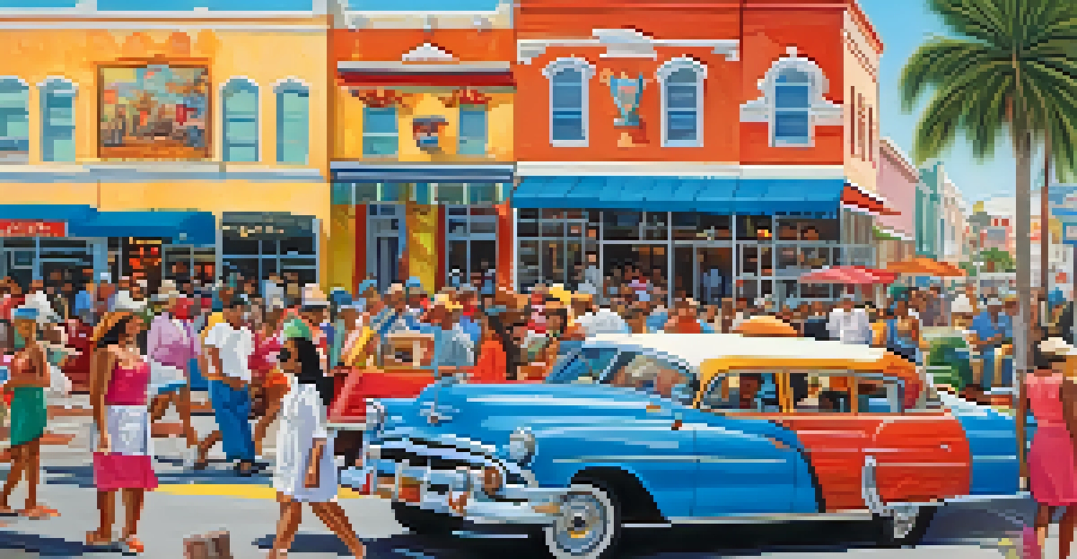 A parade in West Tampa with people in traditional attire, colorful murals, and food stalls, set against a historic urban backdrop.