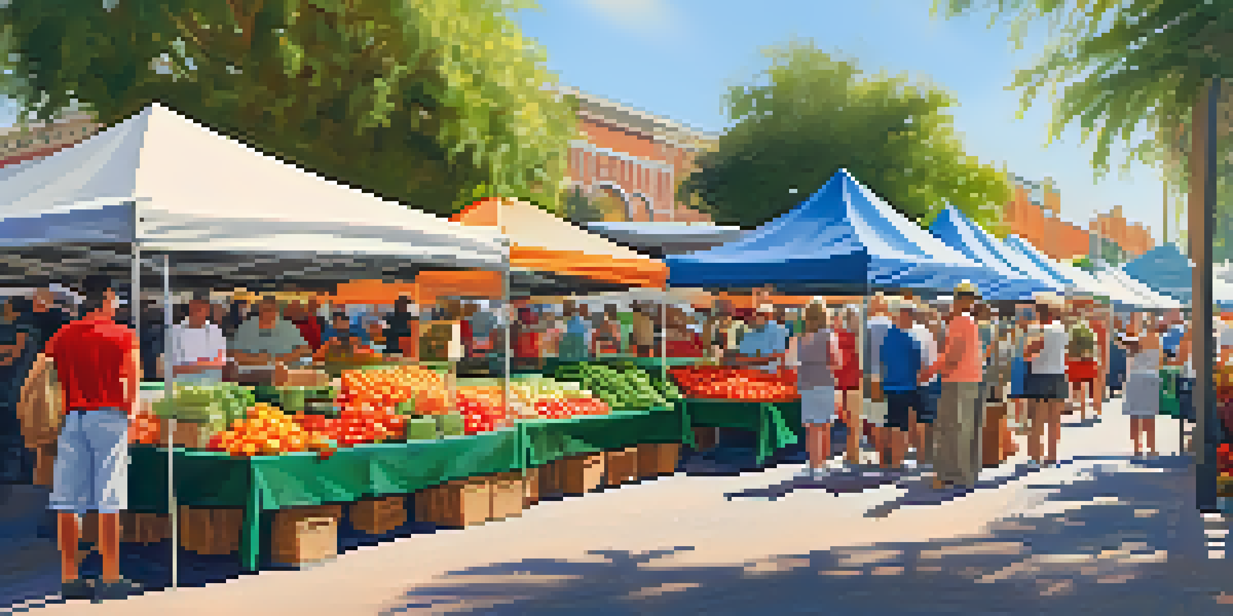 A lively farmers market in Tampa with colorful stalls displaying fresh fruits and vegetables, and people interacting with local vendors.