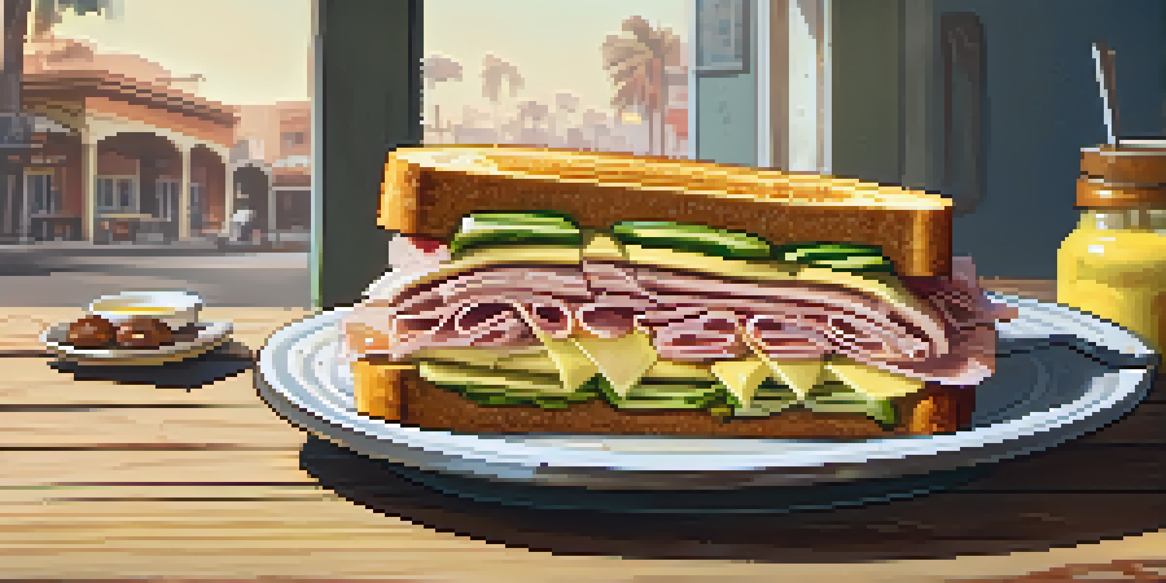 A Cuban sandwich cut in half, revealing layers of meat and cheese, served with plantain chips and a cup of café con leche on a wooden table.