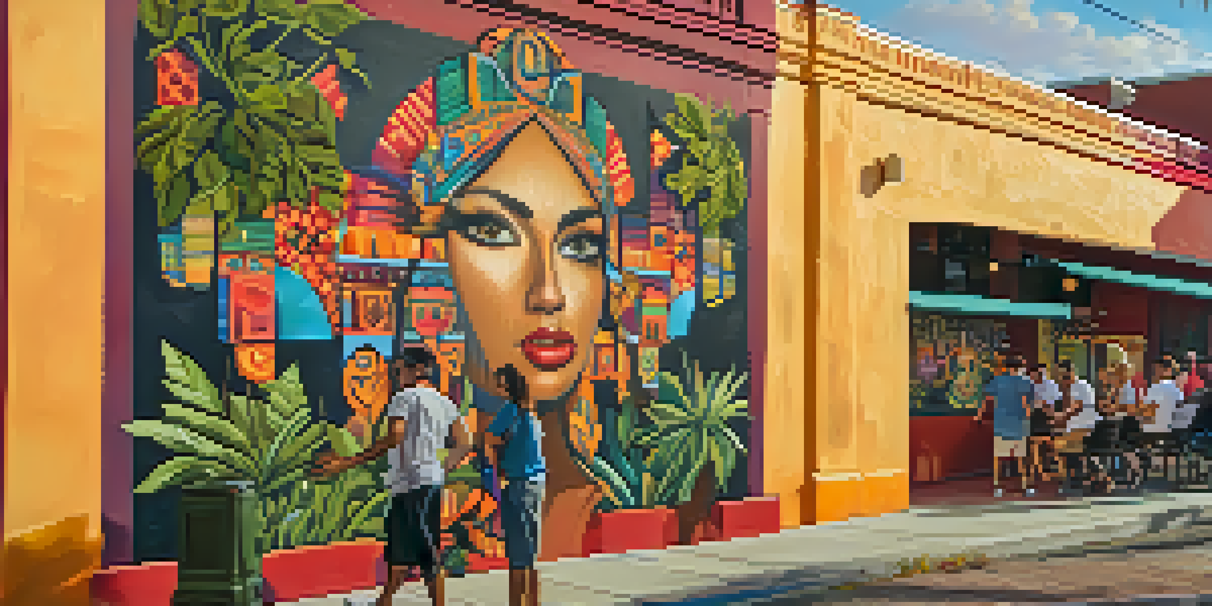 A colorful street mural in Ybor City, featuring Hispanic motifs and people interacting with the art under a sunset.