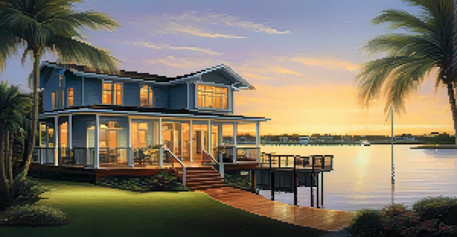 A beautiful waterfront home in Tampa at sunset, with a deck overlooking the bay and palm trees in the foreground.