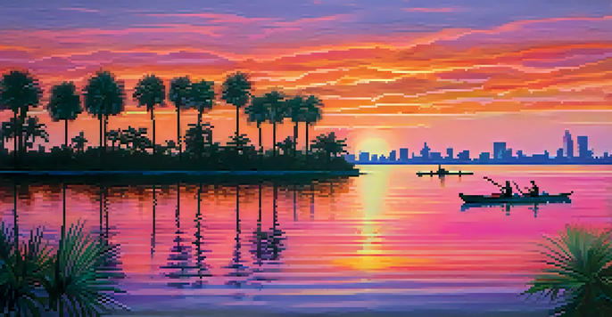 A scenic sunset view over Tampa Bay with kayakers on the water and palm trees lining the shore.
