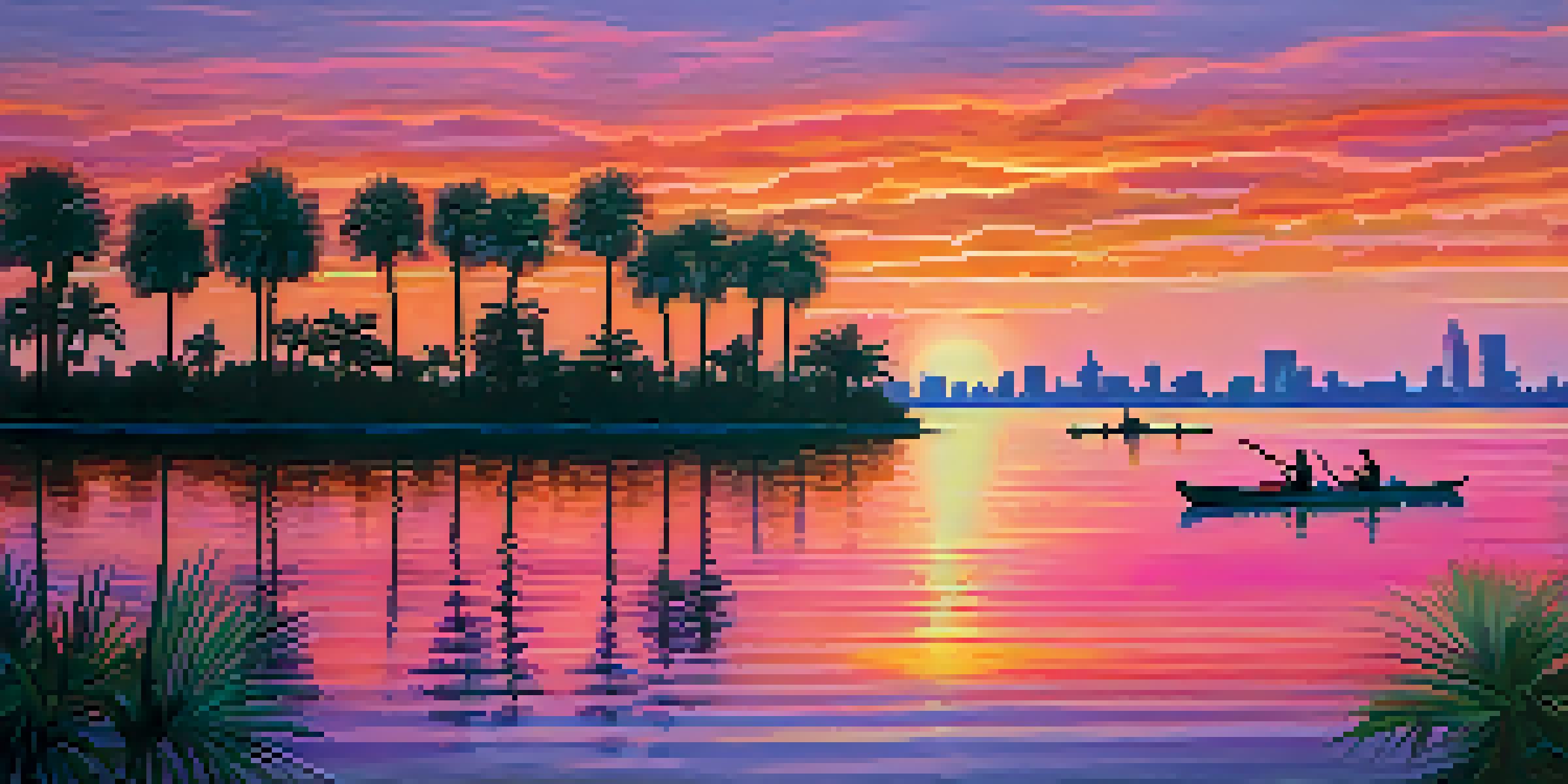 A scenic sunset view over Tampa Bay with kayakers on the water and palm trees lining the shore.