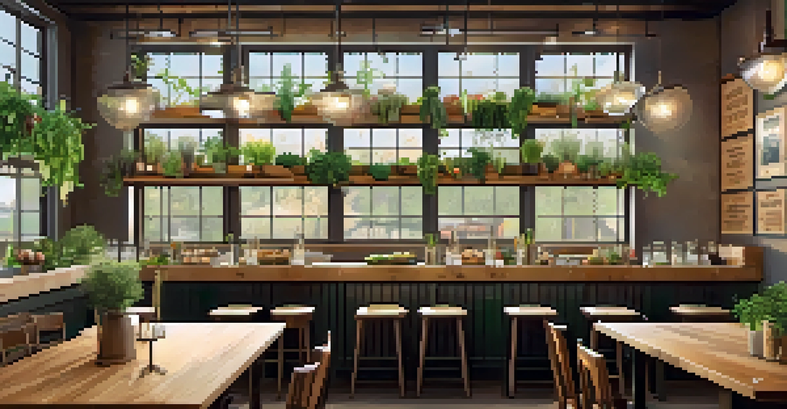 The interior of a farm-to-table restaurant with wooden tables, fresh produce, and a cozy atmosphere.