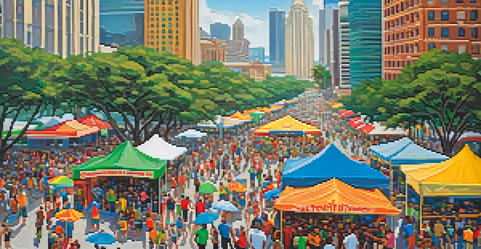 An aerial view of downtown Tampa during a festival, showcasing colorful tents, food vendors, and crowds of people.