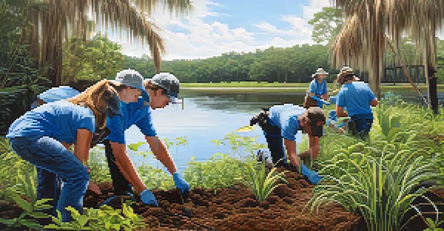 Volunteers planting native plants along the Hillsborough River, surrounded by greenery and clear blue water.