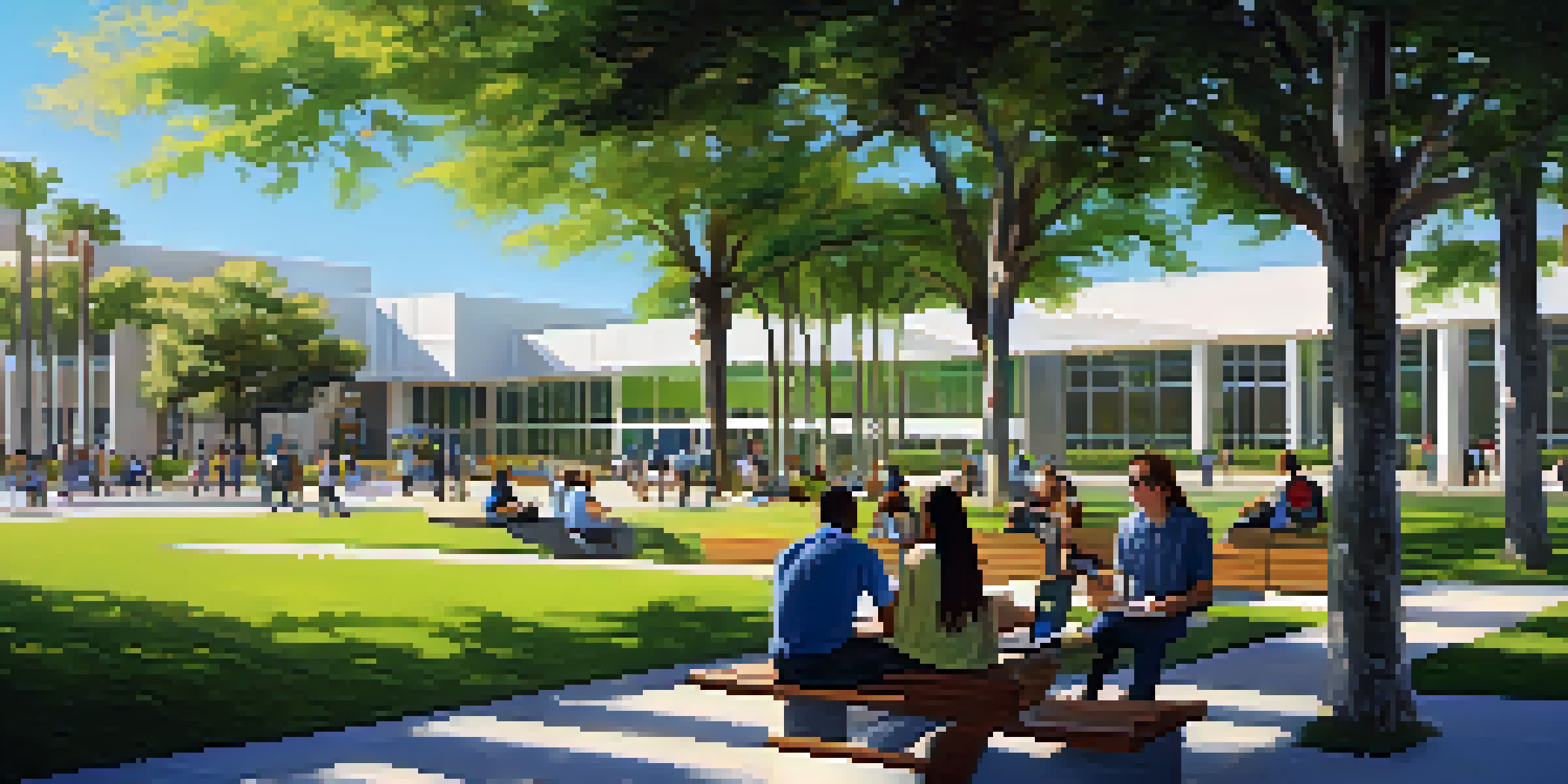 A diverse group of students on a sunny community college campus in Tampa, engaged in outdoor learning with laptops and greenery around them.