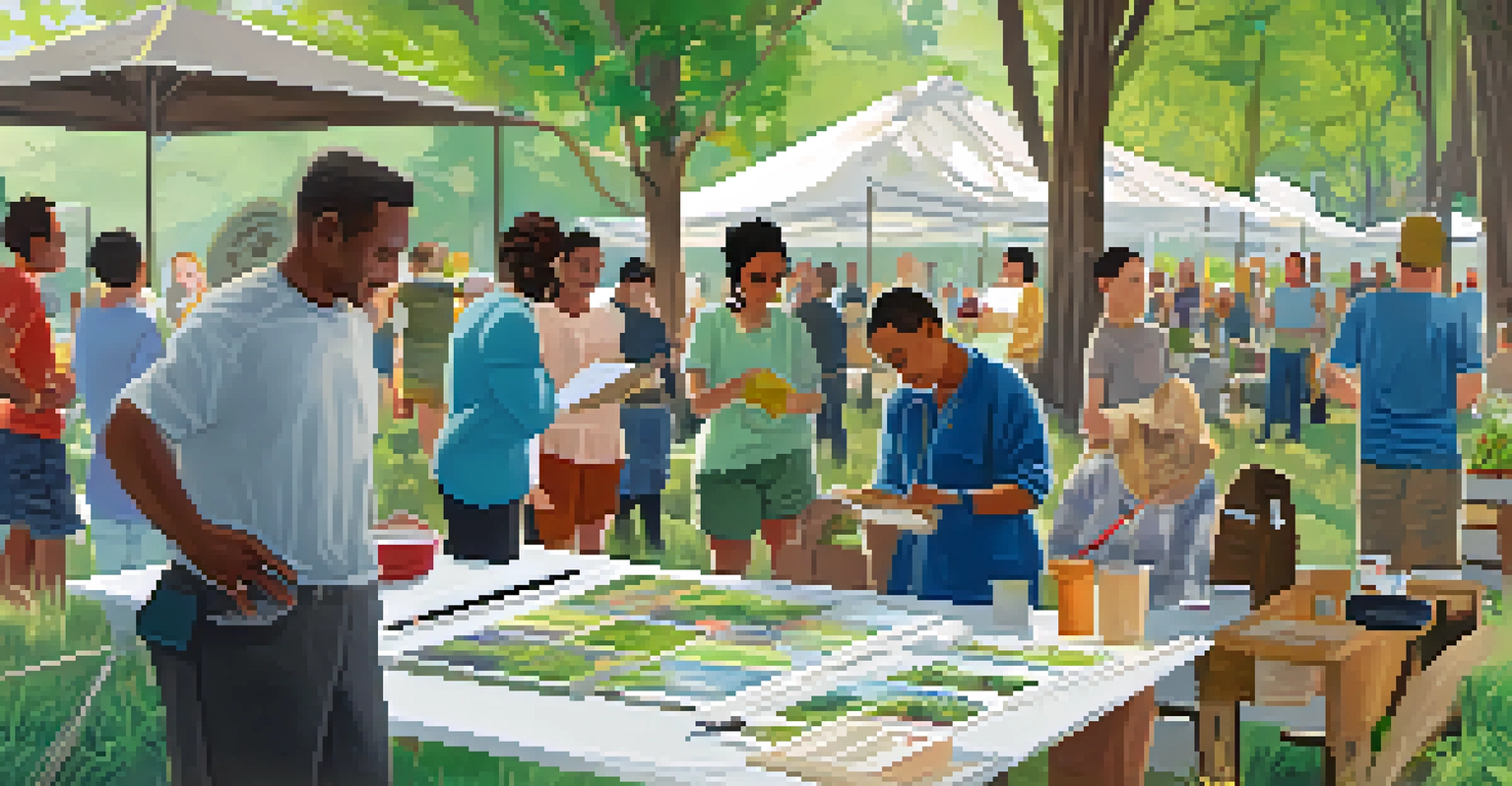 A community workshop outdoors, with participants discussing sustainability practices, surrounded by educational materials and plants.