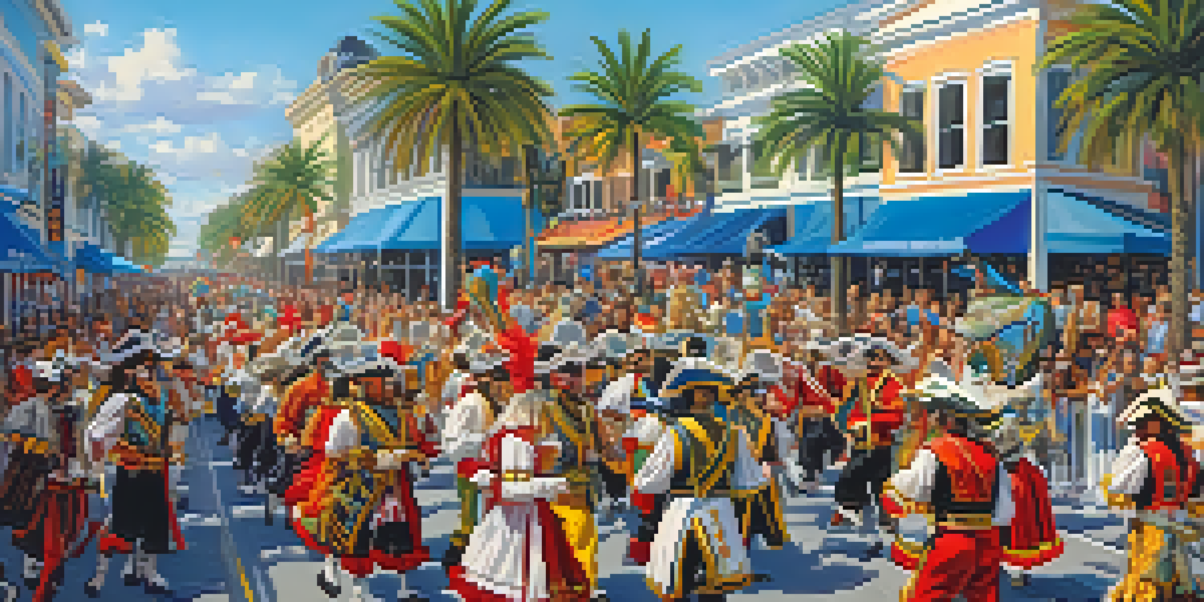 A lively parade at the Gasparilla Pirate Festival featuring colorful floats and costumed participants with excited crowds under a blue sky.