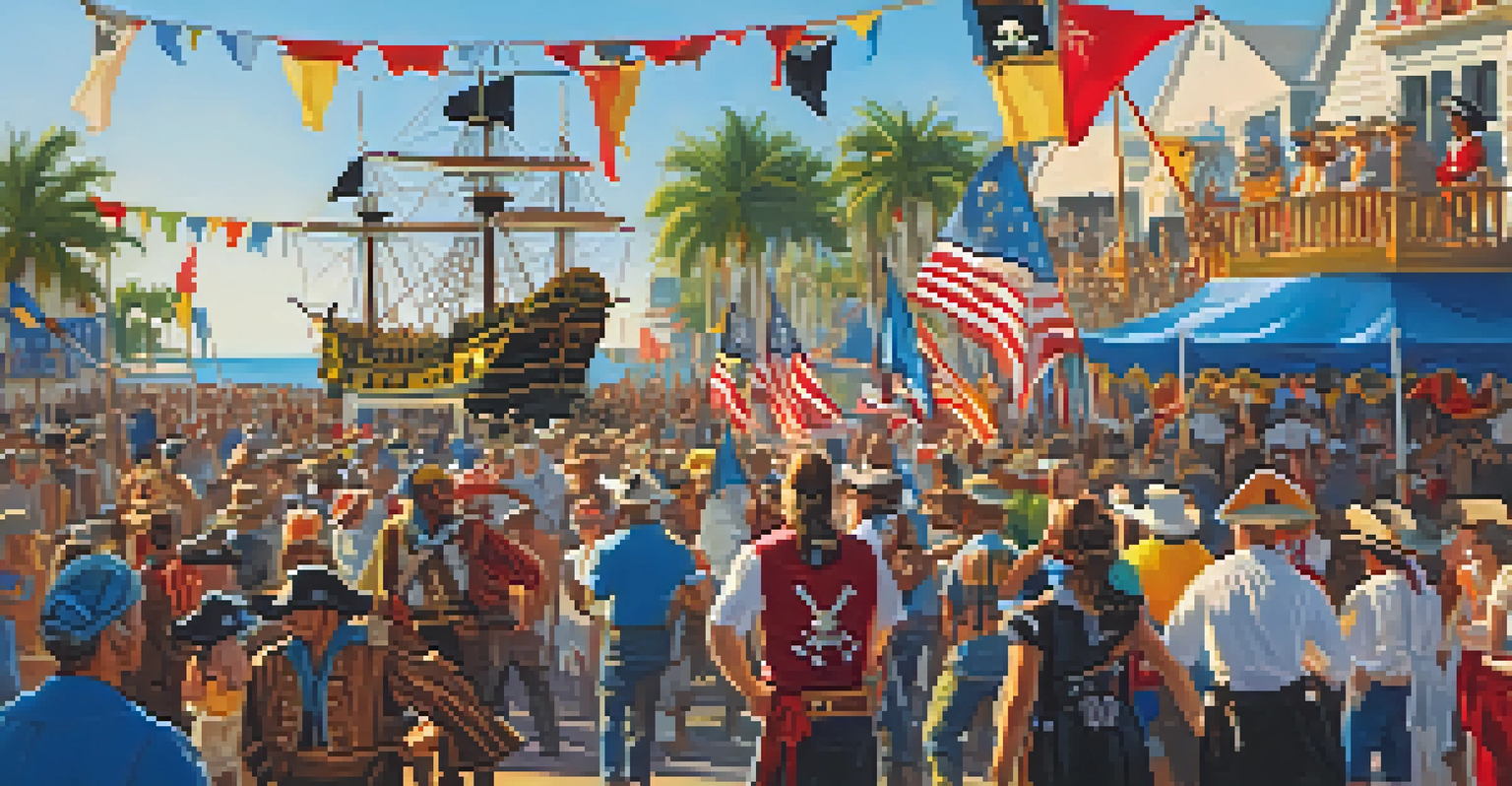 Participants in pirate costumes celebrating at the Gasparilla Pirate Festival with a pirate ship in a colorful parade.