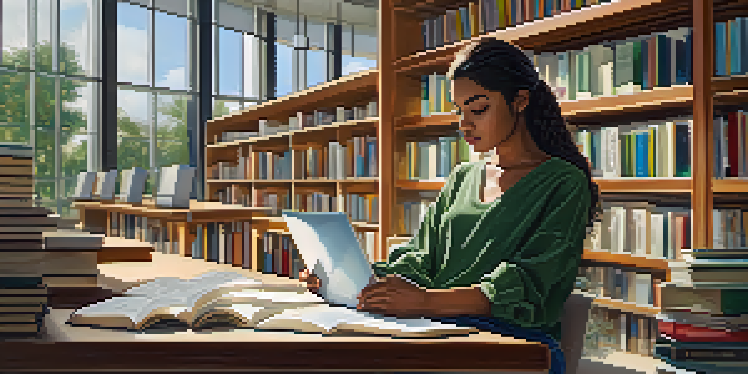 A close-up of a Hispanic female student studying in a modern library at the University of South Florida, with books and natural light.