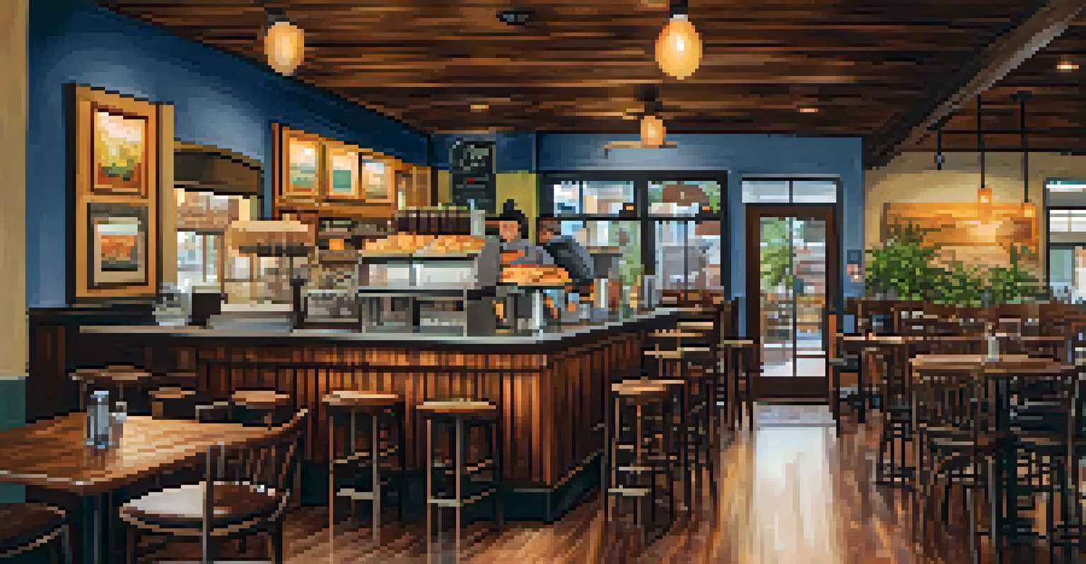 A cozy local café in Tampa with rustic decor, warm lighting, and customers enjoying drinks and pastries.