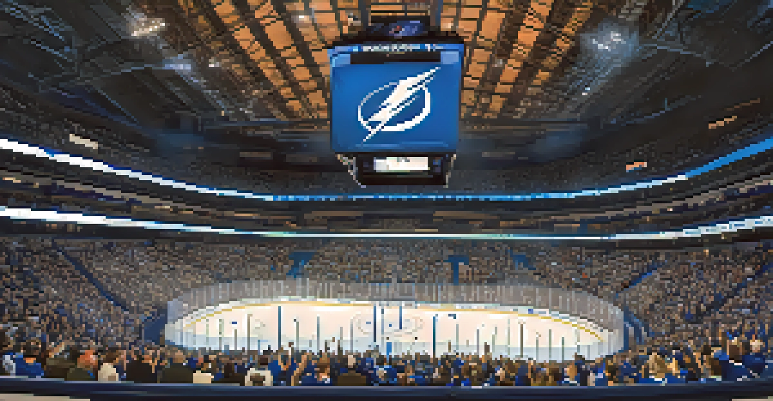Fans passionately cheering during a Tampa Bay Lightning ice hockey game at Amalie Arena, with bright lights and action on the ice.