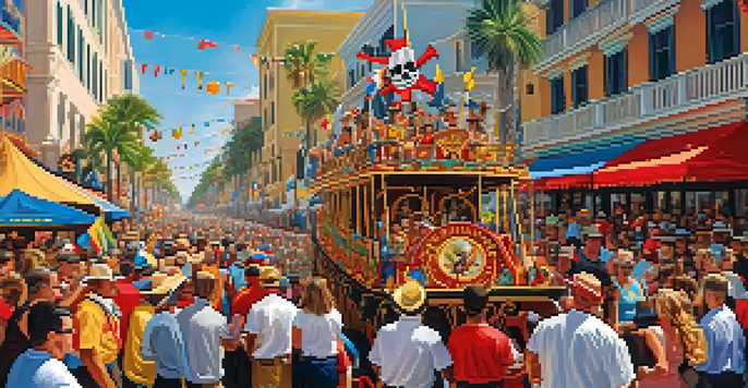 A lively parade scene from the Gasparilla Festival in Tampa, featuring colorful floats and costumed participants, with spectators cheering and throwing beads.