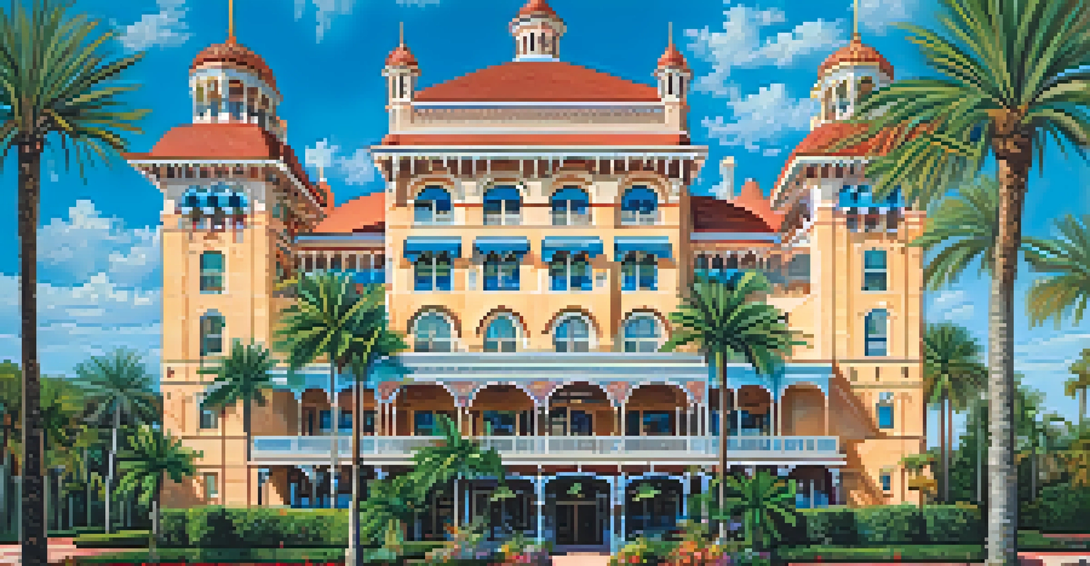 The ornate facade of the Tampa Bay Hotel surrounded by lush gardens and blue skies.