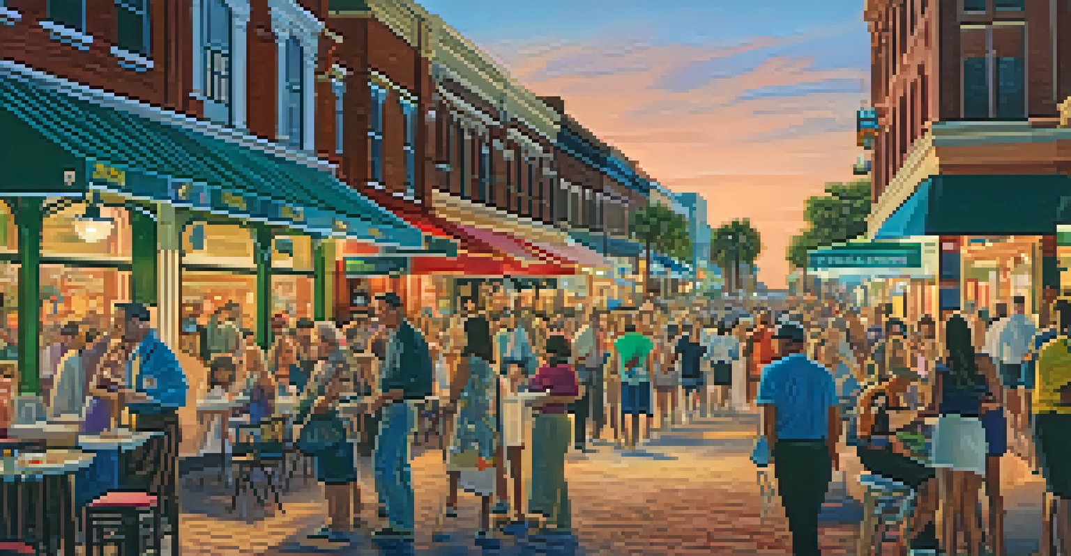 A lively Ybor City street scene with historic buildings, colorful murals, and people enjoying nightlife with outdoor dining.