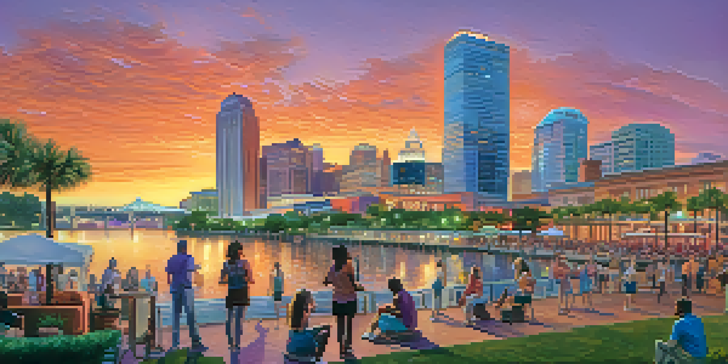 A picturesque view of Tampa's skyline at sunset with colorful skies and a busy waterfront park.
