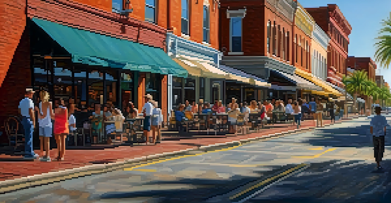 A lively street in Ybor City with cobblestone paths, colorful murals, and historic buildings, filled with people enjoying outdoor cafes.