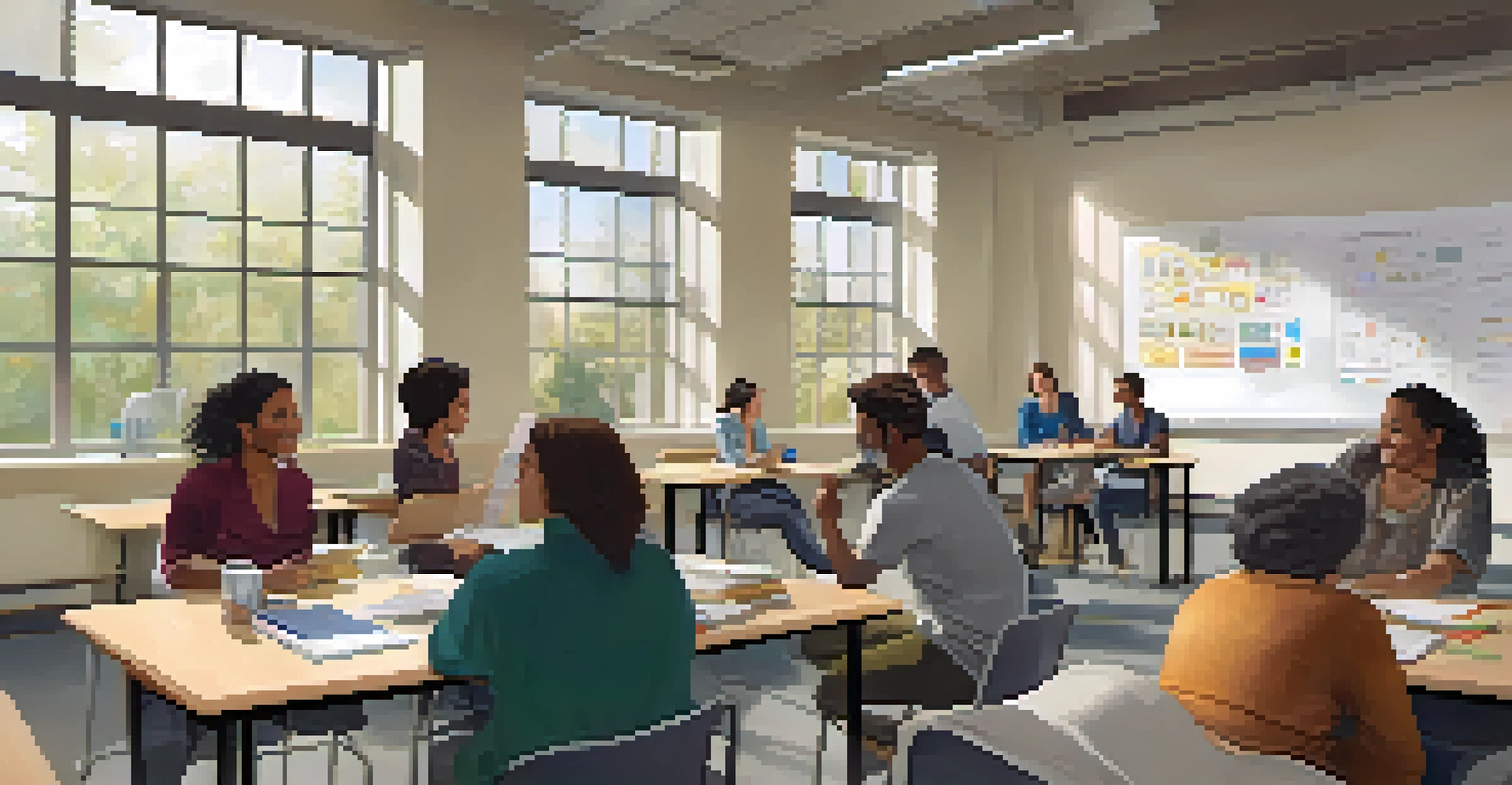 An engaging classroom at a community college, with diverse adult learners participating in a discussion surrounded by educational materials.