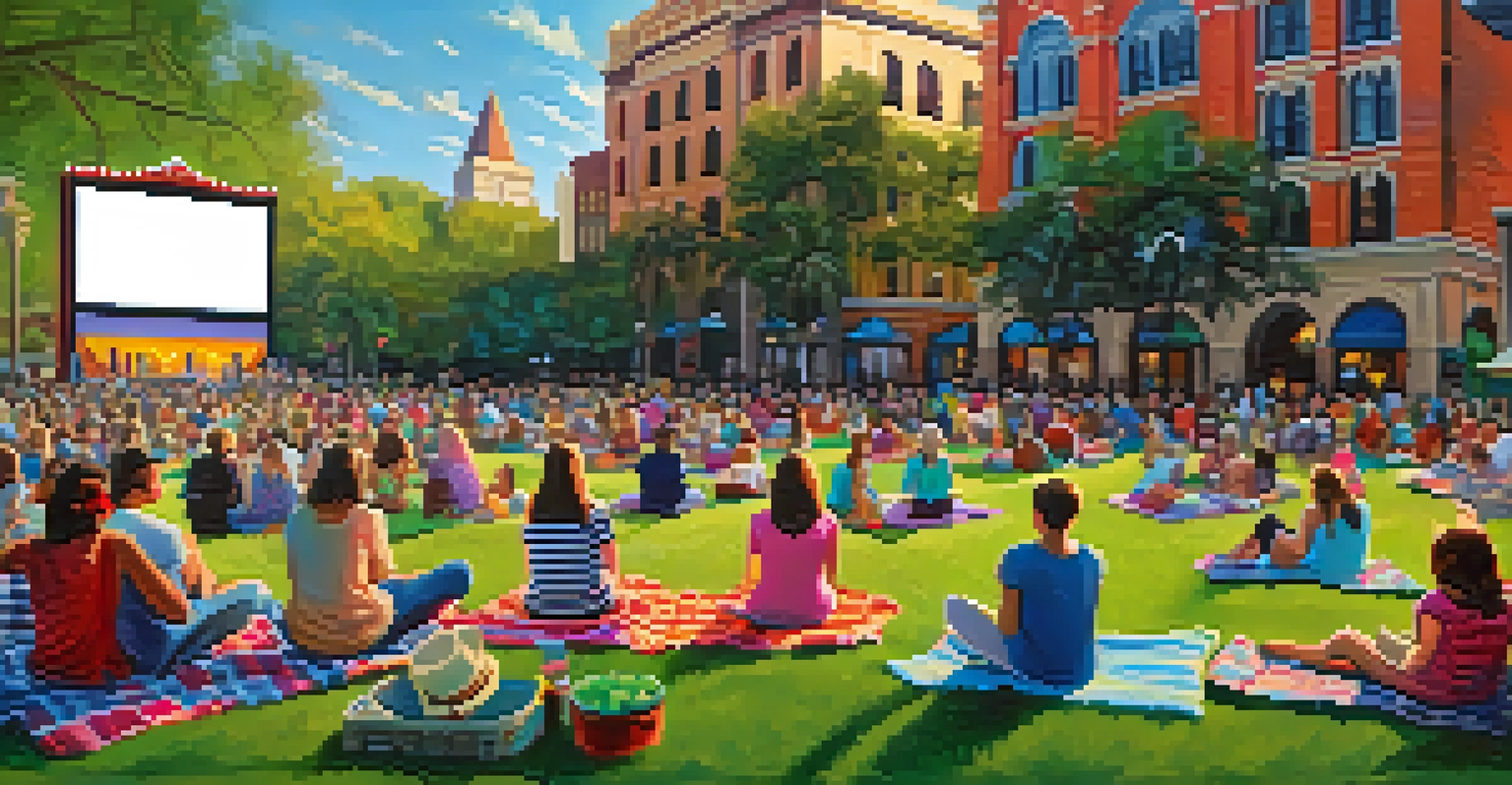 Families enjoying an outdoor movie event at Tampa Theatre, surrounded by blankets and a large screen.