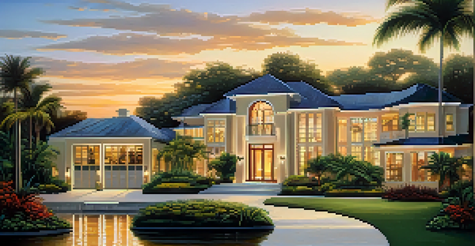 A modern luxury waterfront home in Tampa with glass windows and tropical landscaping during sunset.