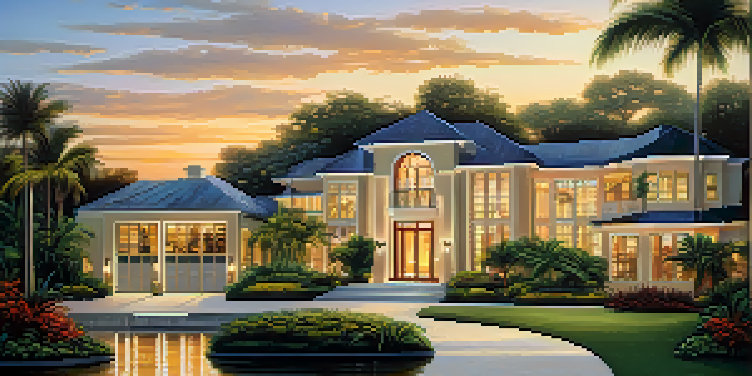 A modern luxury waterfront home in Tampa with glass windows and tropical landscaping during sunset.