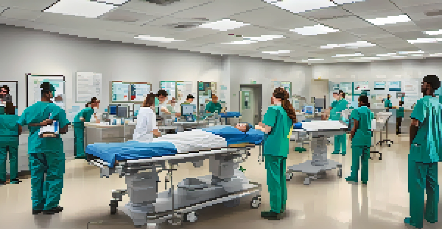 Students in scrubs participating in hands-on training in a healthcare simulation lab.