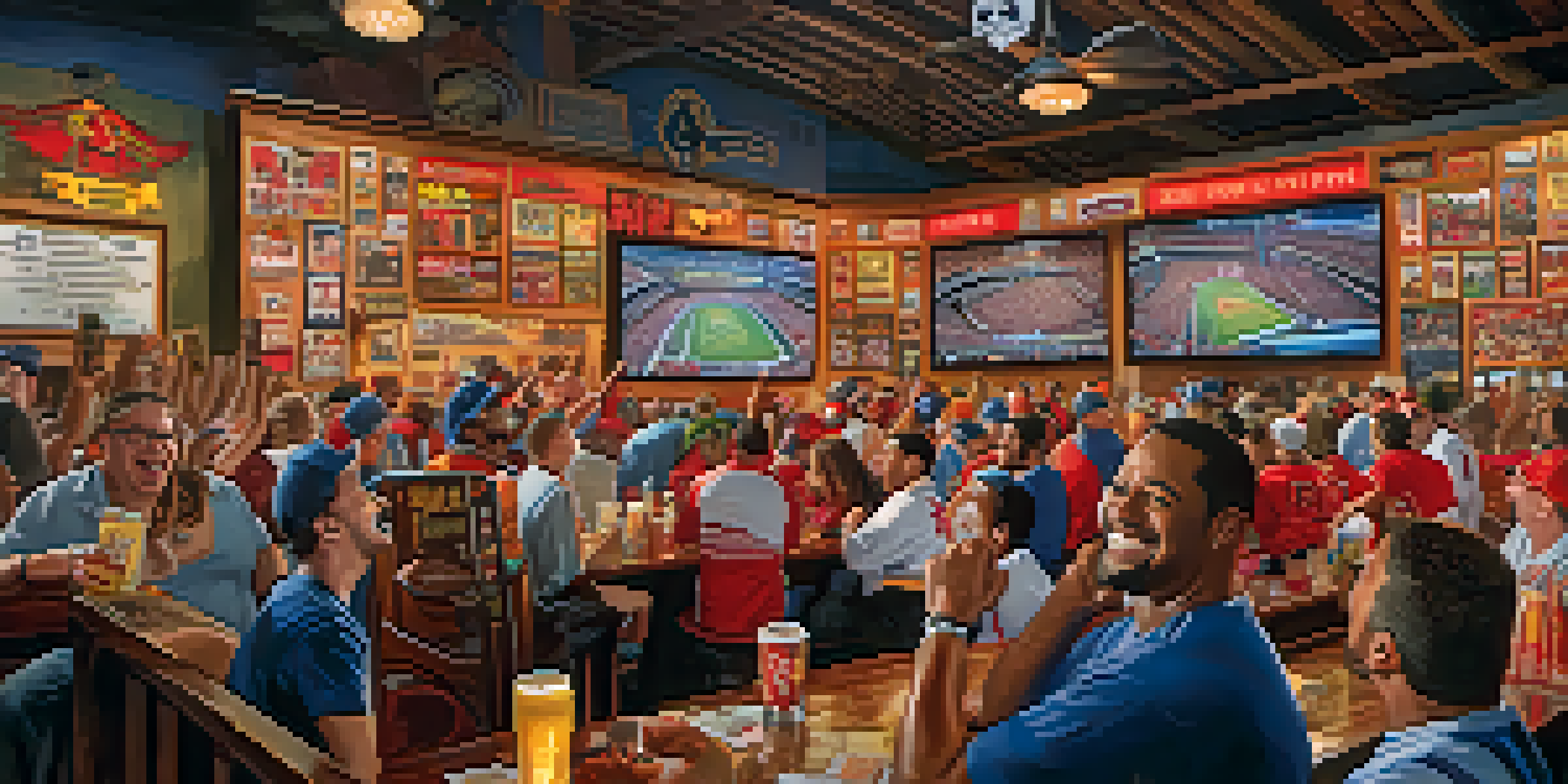 A lively bar filled with diverse Tampa Bay sports fans wearing team jerseys, cheering while watching a game on a large screen, with warm lighting and sports memorabilia around.