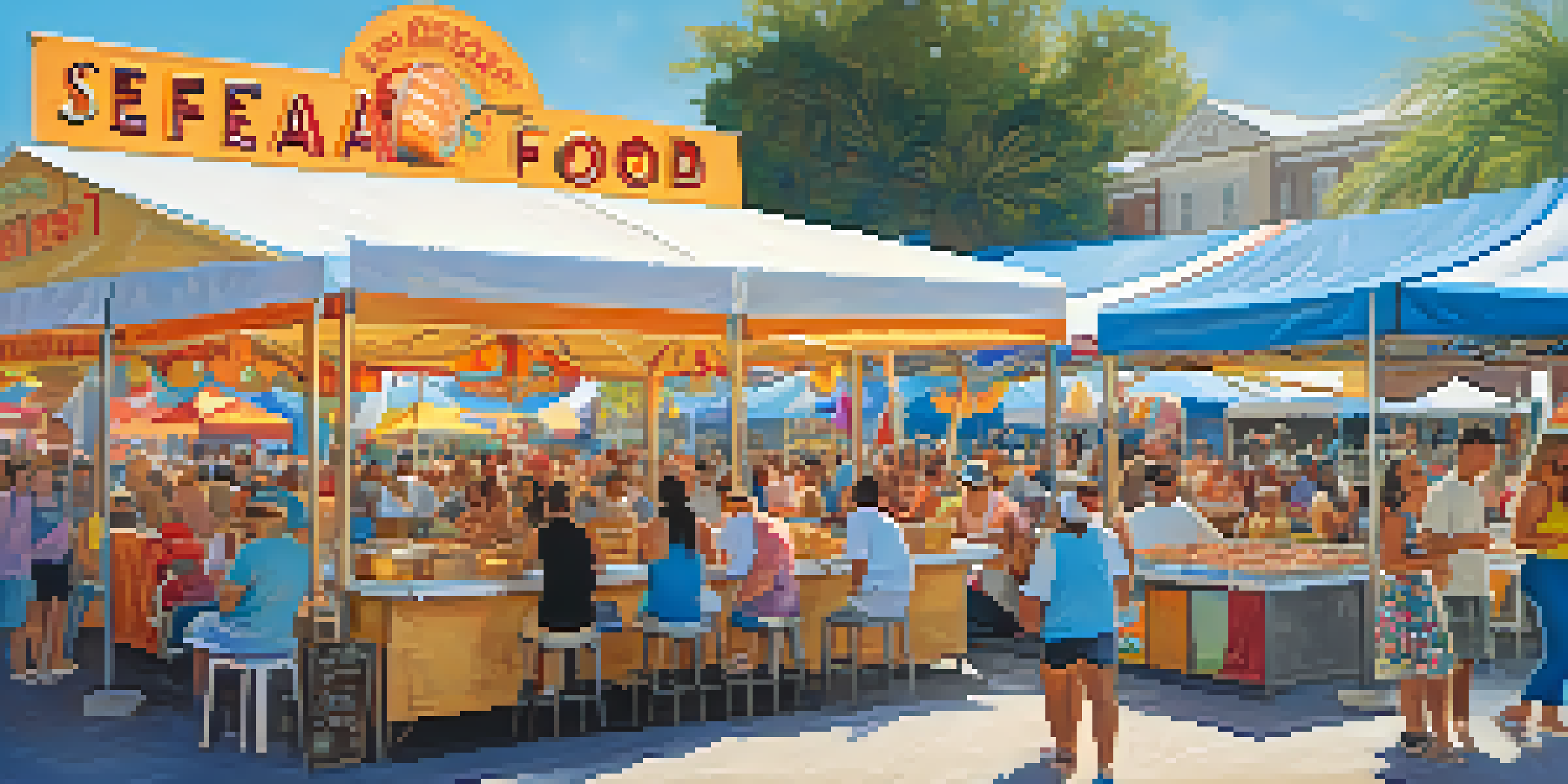 A lively food festival scene with seafood dishes and cheerful attendees enjoying their meals.