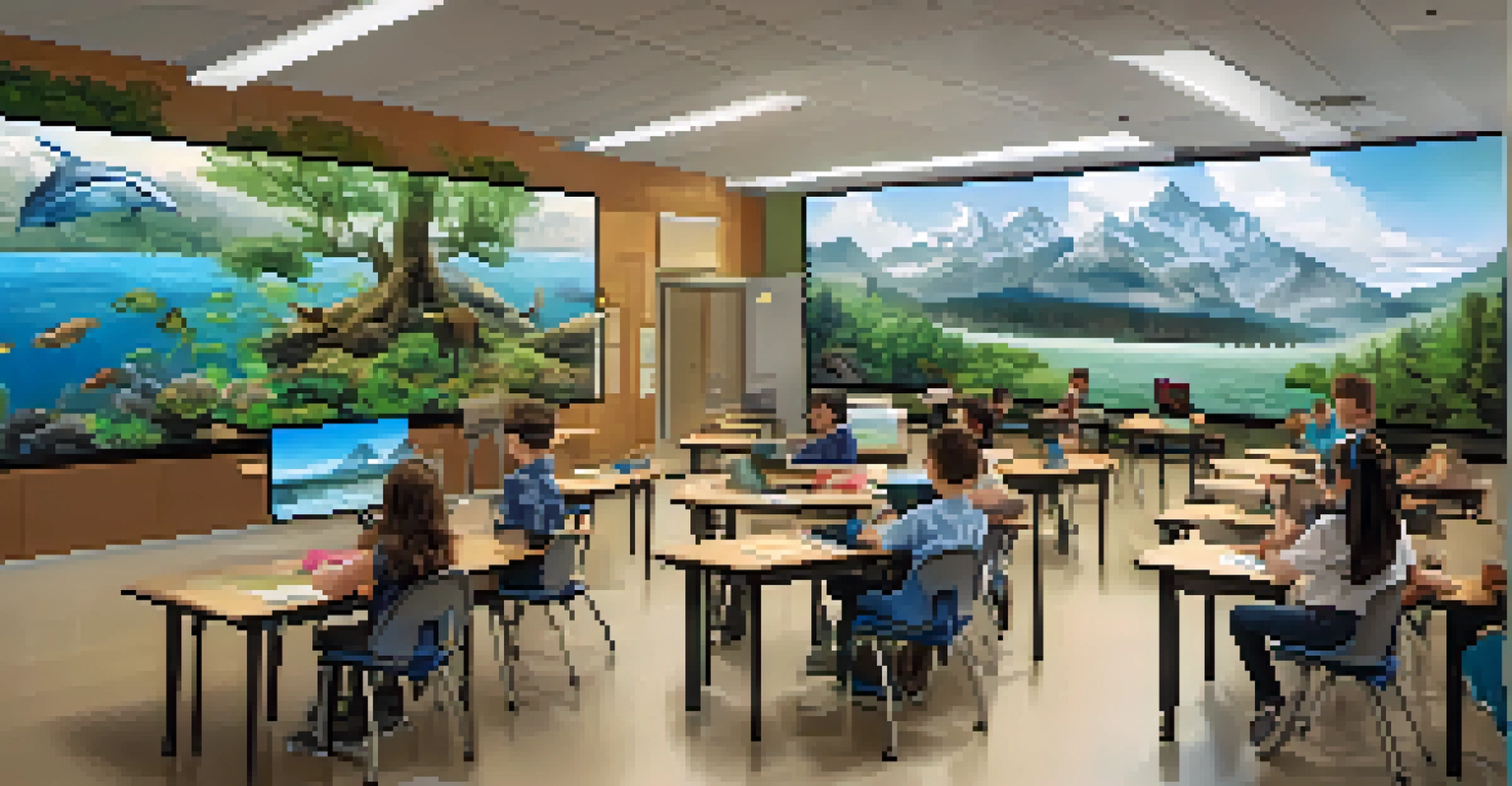 A classroom with students using virtual reality headsets to learn about ecosystems, with interactive screens showing various environments.