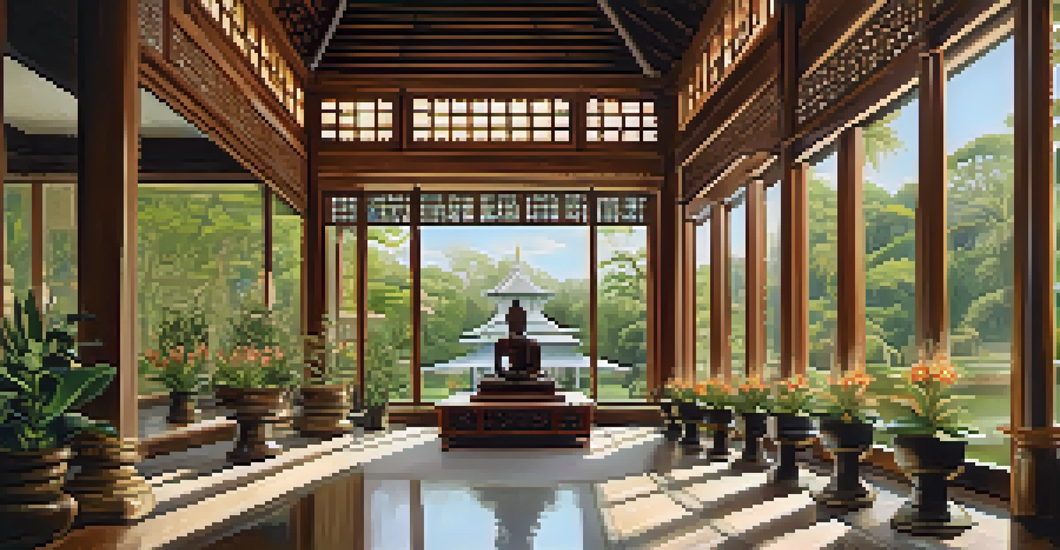 A peaceful interior of a Buddhist temple with intricate carvings and soft light, creating a tranquil environment.