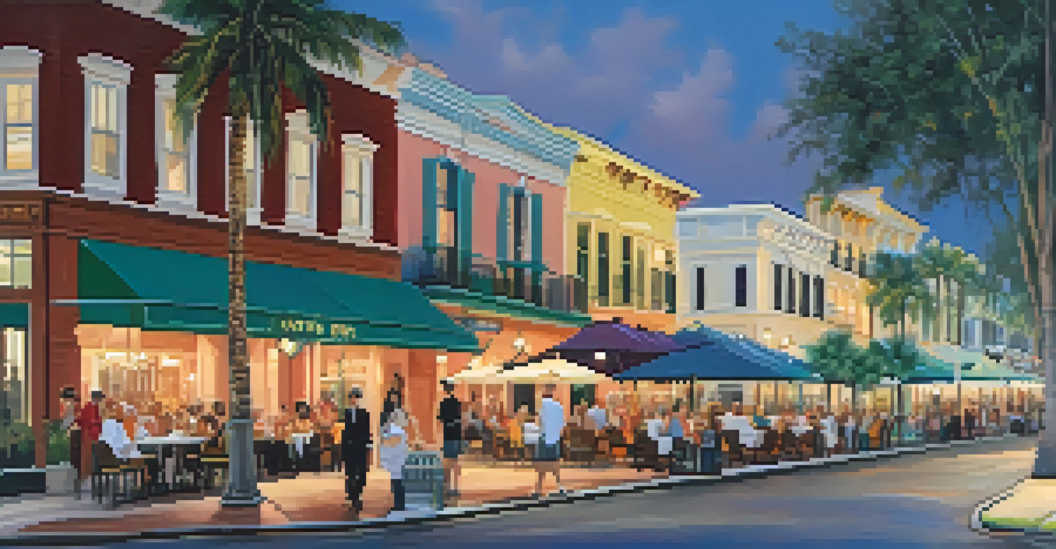 A lively street scene in Hyde Park, Tampa, with luxury boutiques and outdoor dining under palm trees.