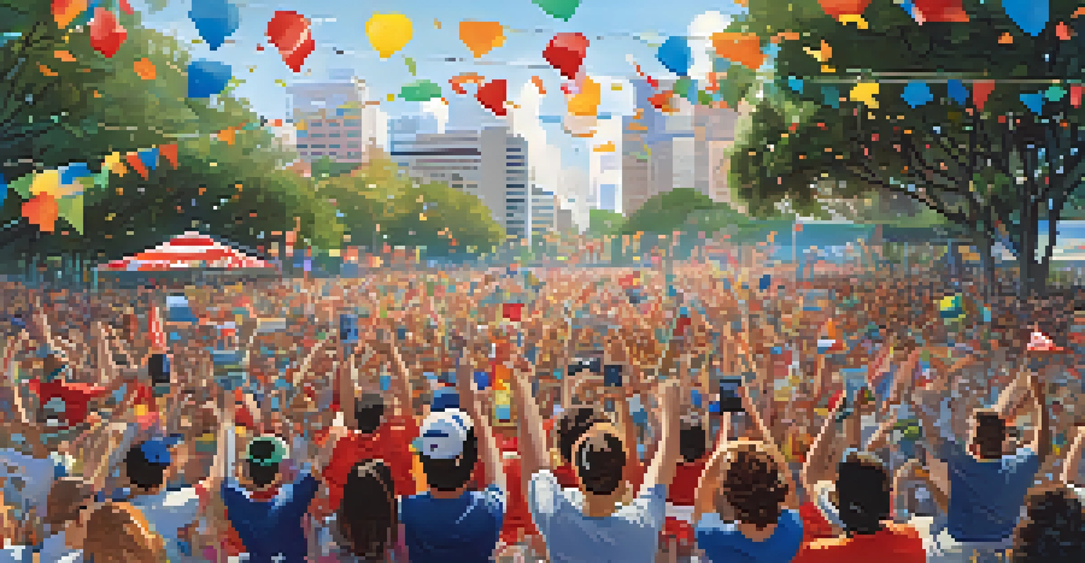 A lively outdoor celebration in Tampa Bay with fans of all ages wearing team gear and cheering, surrounded by colorful confetti and a local band playing in the background.