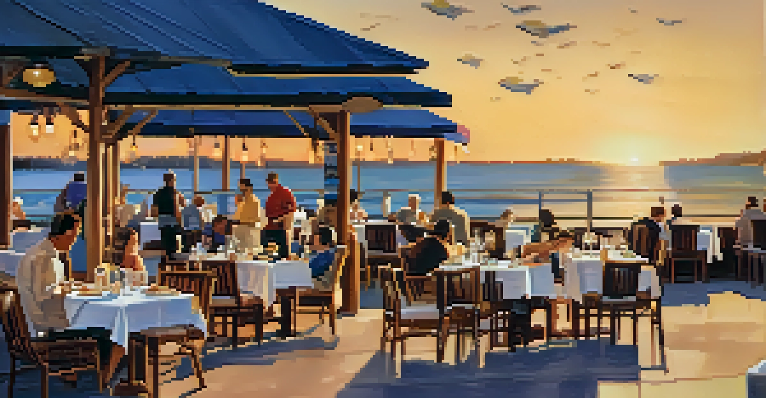 A platter of stone crab claws on ice with mustard sauce, set against a sunset over a waterfront restaurant, with diners in the background.