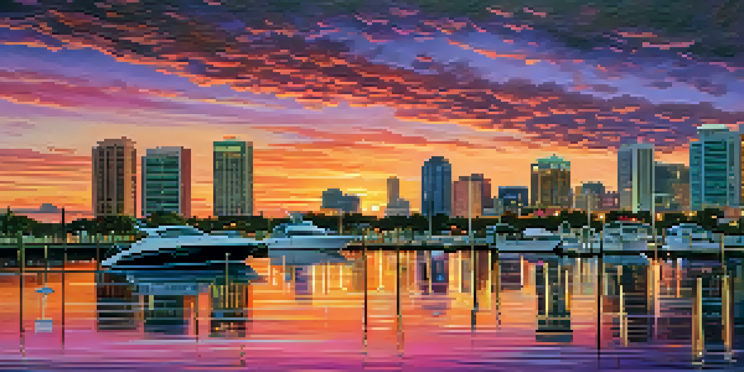 A colorful sunset over Tampa Bay with the city skyline silhouetted against the sky, boats on the water, and greenery in the foreground.