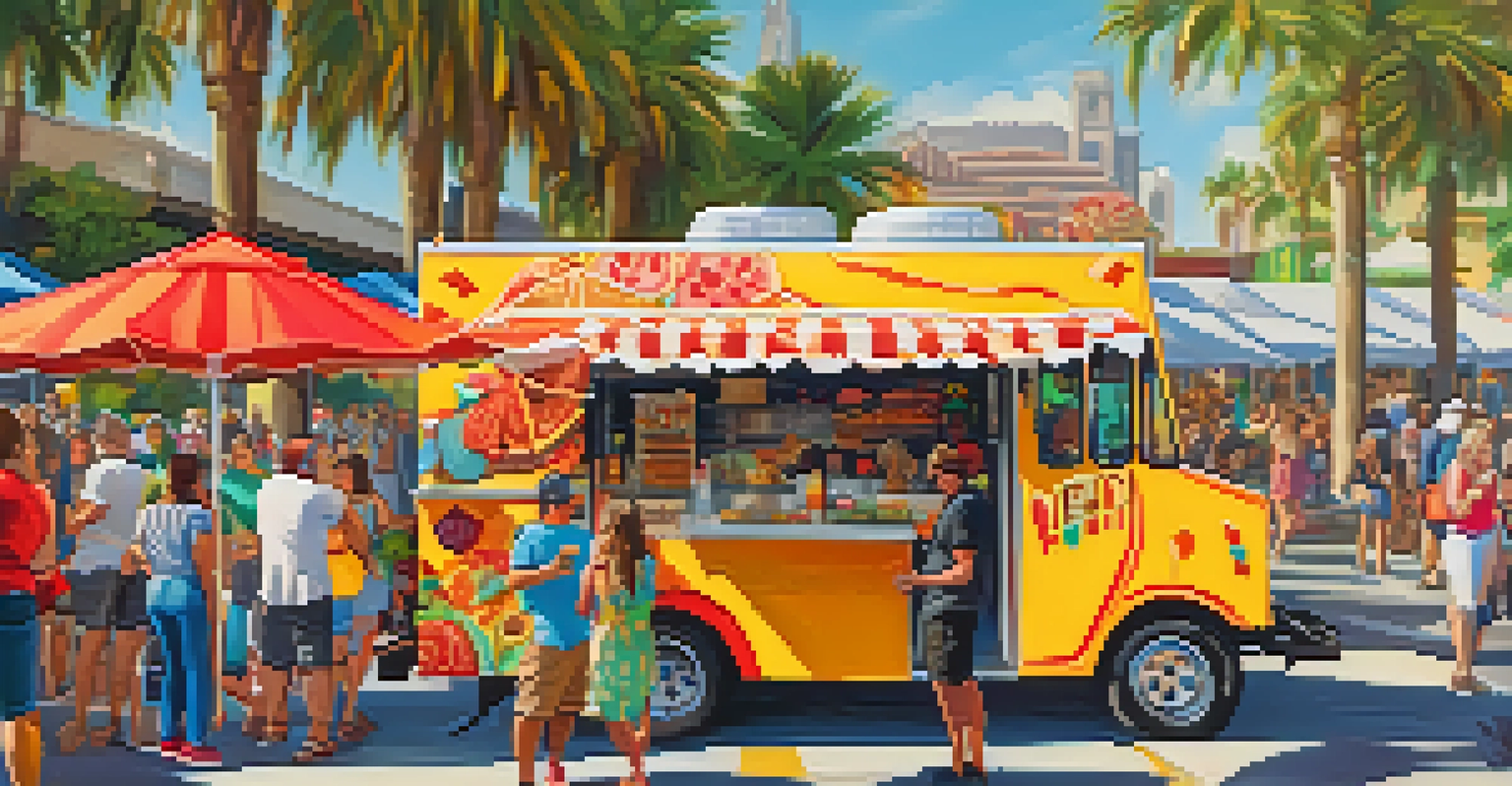 A colorful food truck serving gourmet tacos at a lively festival, with people enjoying their meals.