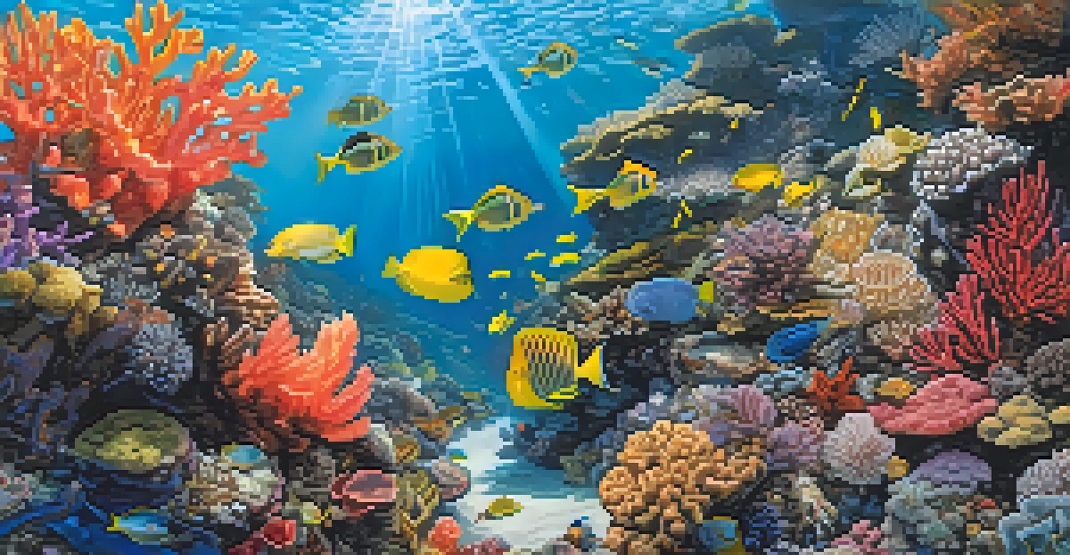 A vibrant underwater coral reef in Tampa, with colorful corals and diverse fish swimming amidst the coral formations, illuminated by sunlight filtering through the water.