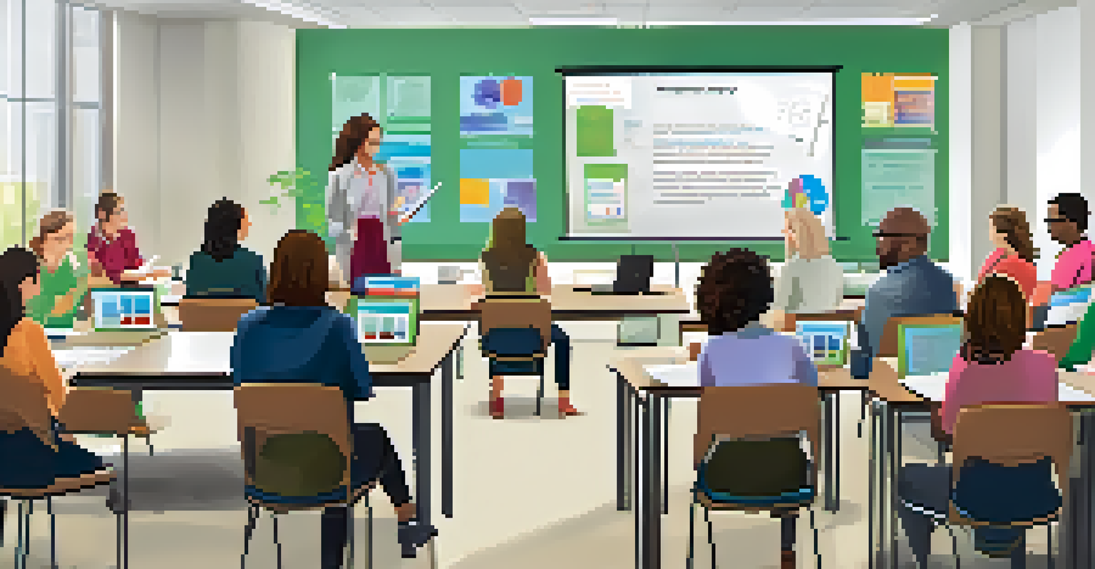 Teachers participating in a professional development workshop in a bright conference room, collaborating and engaging with presentation materials.