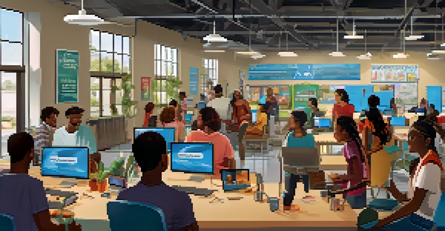 A community center filled with families accessing online learning, with volunteers assisting and a tech workshop banner.
