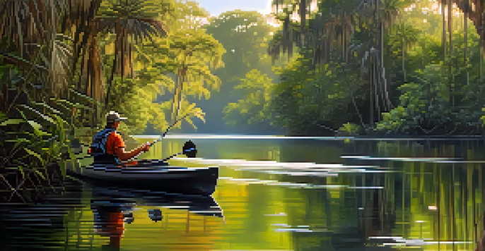 A peaceful fishing scene on the Hillsborough River at dawn, with an angler in a kayak surrounded by greenery.