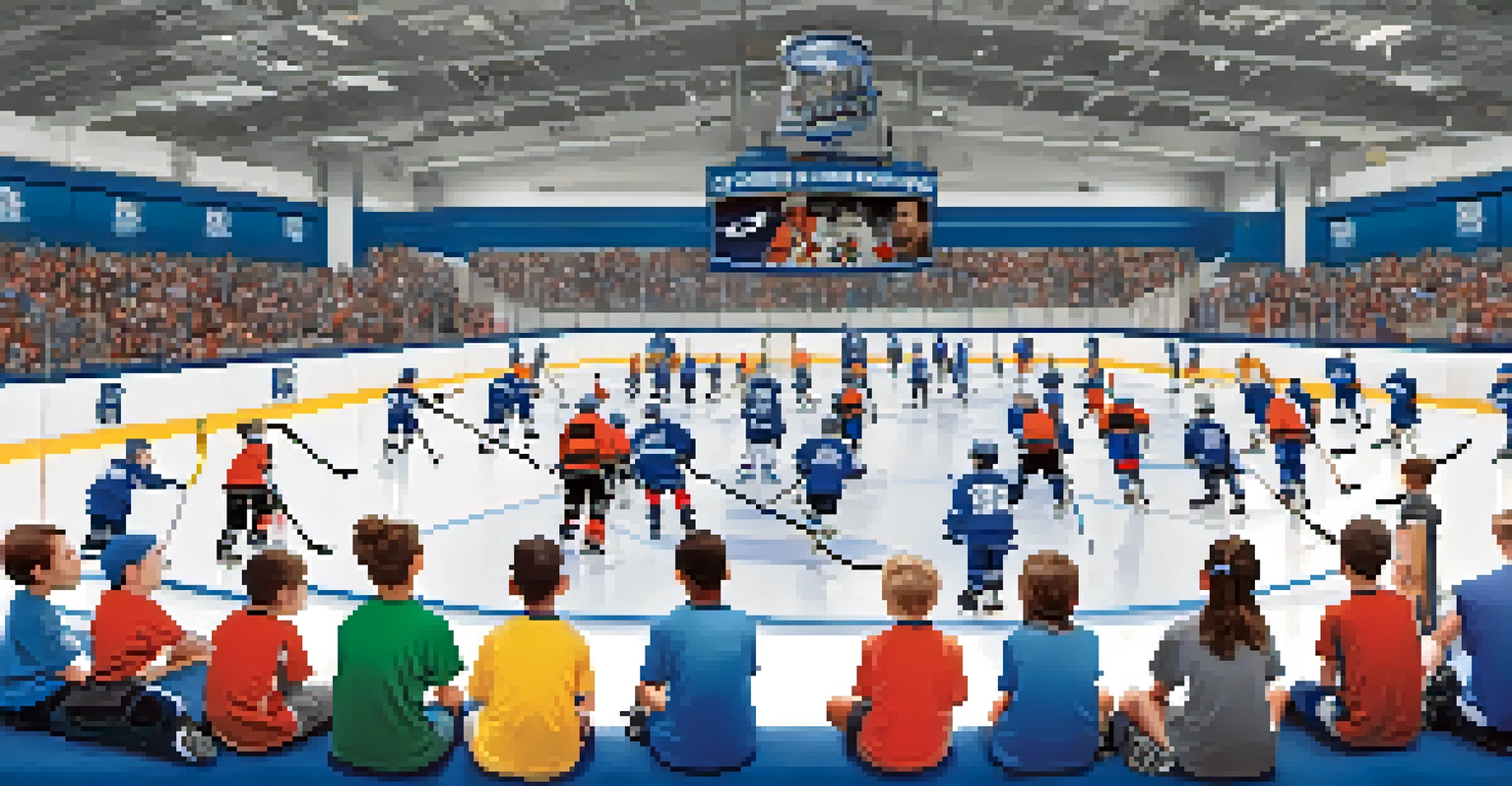 Tampa Bay Lightning players engaging with local youth at a hockey camp, showing children practicing on the ice with vibrant banners promoting sportsmanship and player guidance.