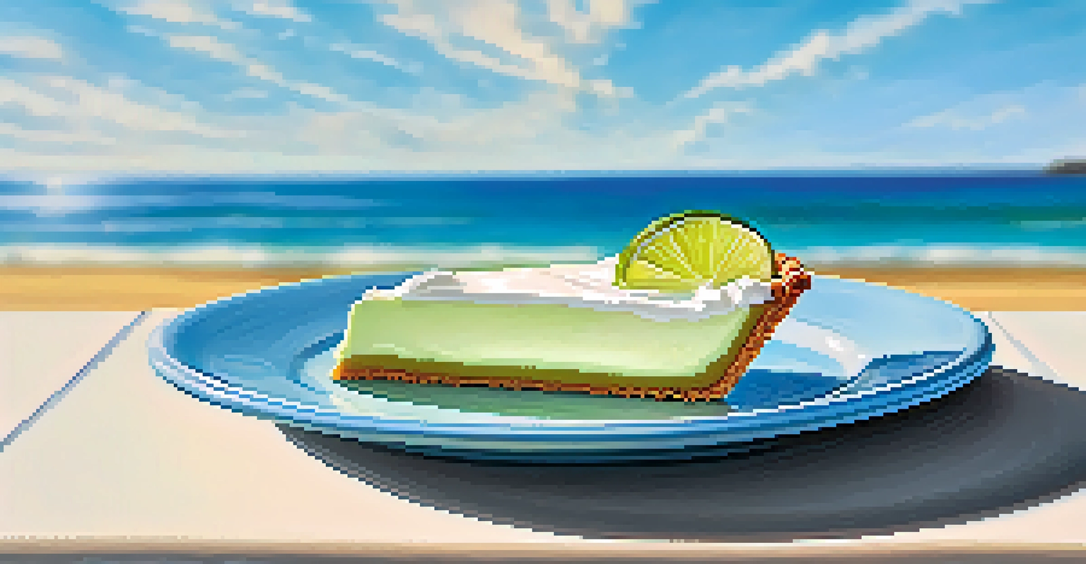A slice of key lime pie with whipped cream and lime wedge on a beachside table, with the ocean in the background under a clear sky.