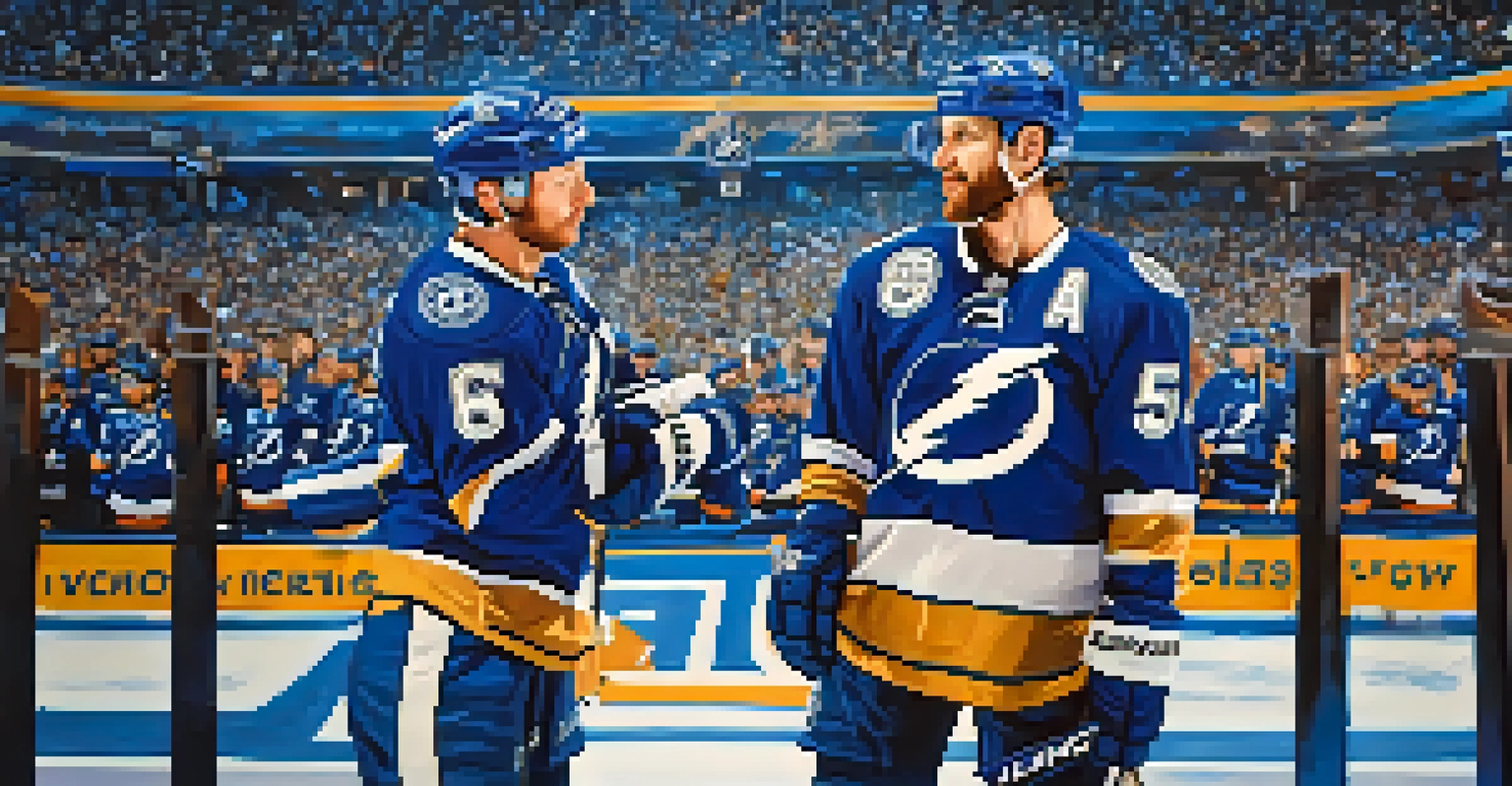 A close-up of hockey players Steven Stamkos and Nikita Kucherov in their Tampa Bay Lightning jerseys, with championship banners in the background, portraying their leadership and teamwork.