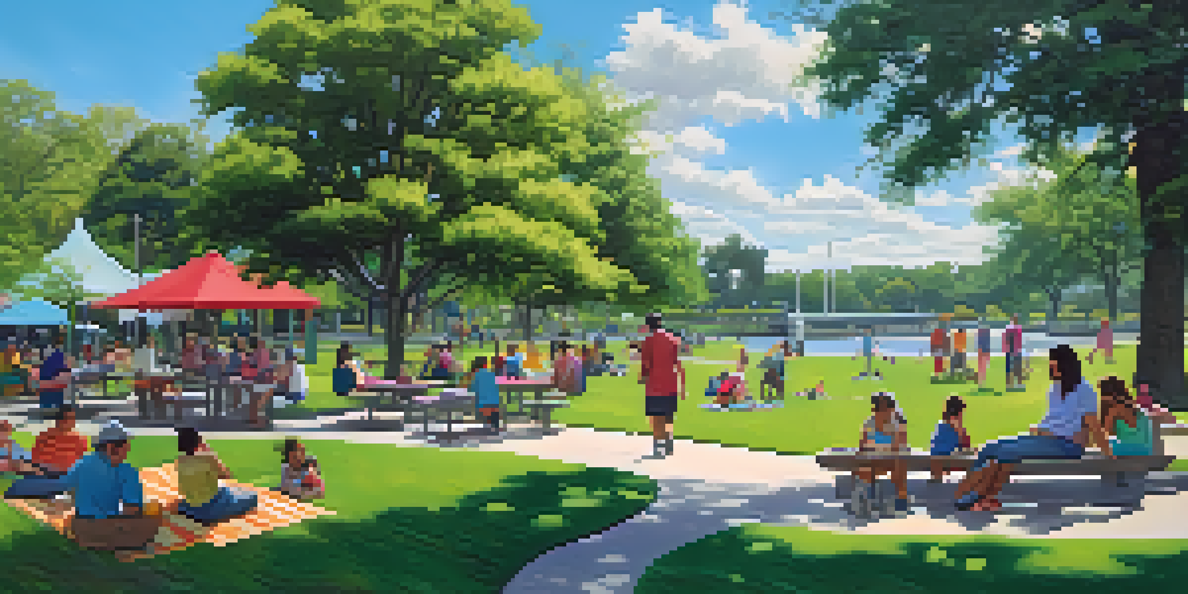 A lively urban park in Tampa filled with greenery, flowers, and people enjoying the outdoors.