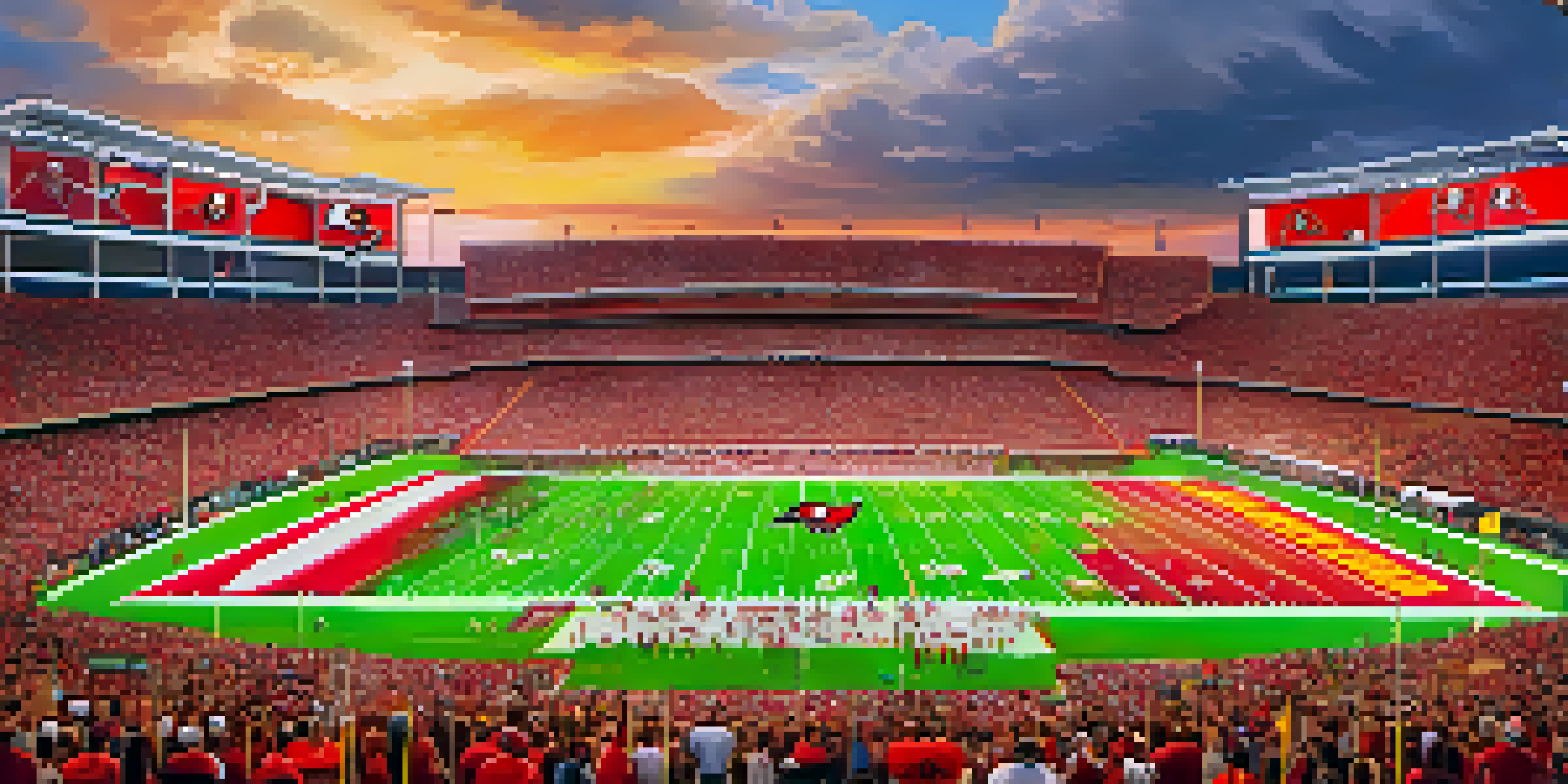 A crowded stadium during a Tampa Bay Buccaneers game, with fans in team colors and players on the field under a sunset sky.