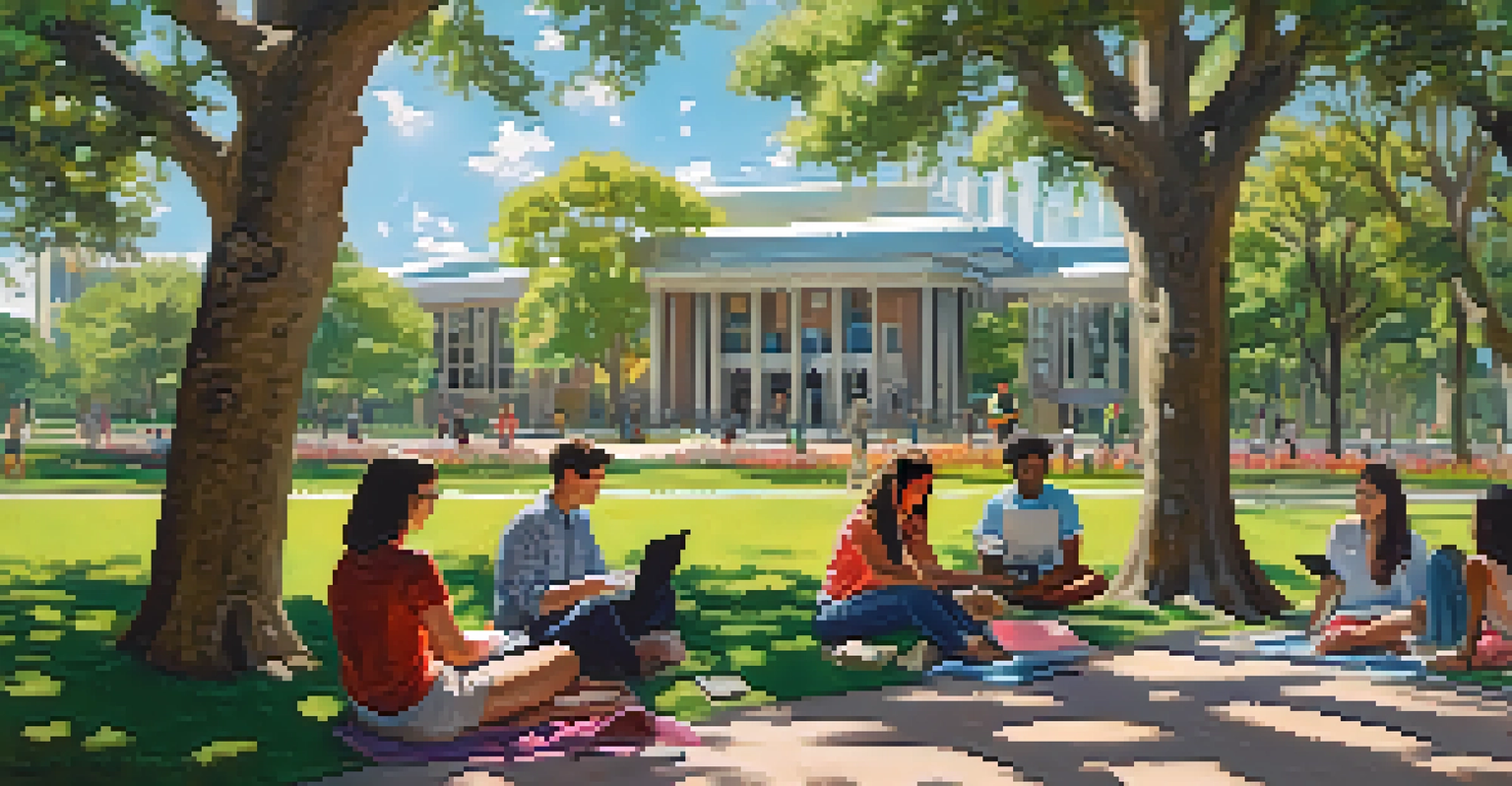 A diverse group of students studying together on the grass at the University of South Florida, with university buildings in the background.