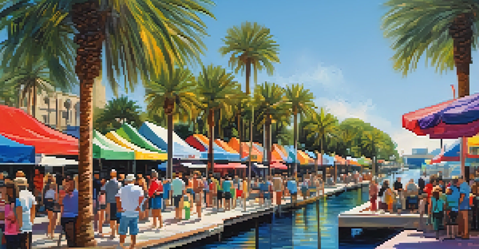 A lively outdoor art festival on the Riverwalk with artists displaying colorful artworks and families enjoying the sunny day.
