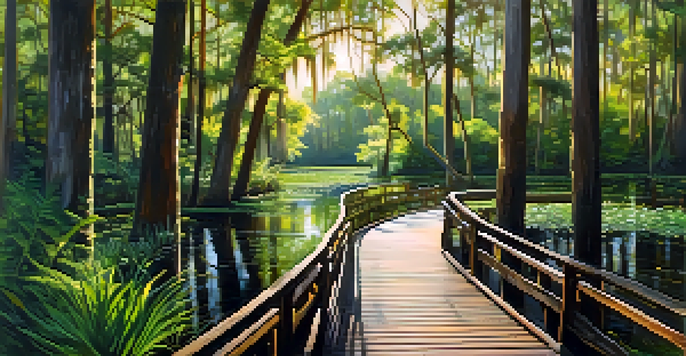 A peaceful boardwalk in a swampy area surrounded by green plants and colorful birds, with sunlight filtering through the leaves.
