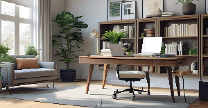 A bright and inviting modern home office with a wooden desk, ergonomic chair, and large windows filled with natural light.